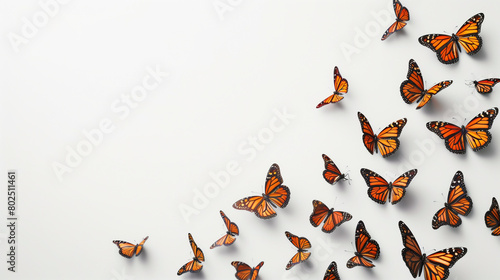 Set of beautiful orange Monarch butterfly in different poses isolated on white background