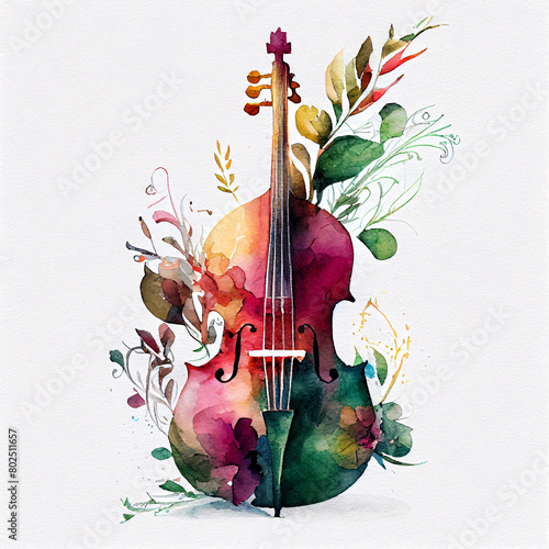 Floral Ornamental Watercolor Illustration of Double Bass