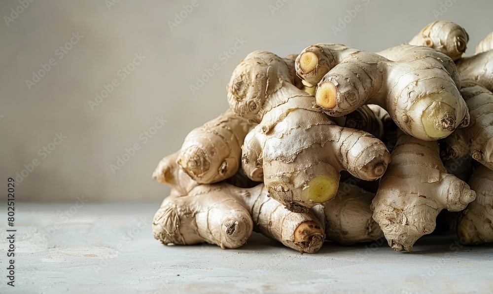 A cluster of fresh organic ginger roots, their unique textures and warm tones set against a soft white background, ideal for a clean, minimalist aesthetic, with space for text