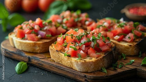Bruschetta with diced tomatoes, garlic, and basil on grilled bread. AI generate illustration