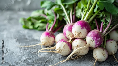 A group of organic turnips, their white and purple hues striking against a simple, light backdrop, perfect for a minimalist aesthetic, with space for text