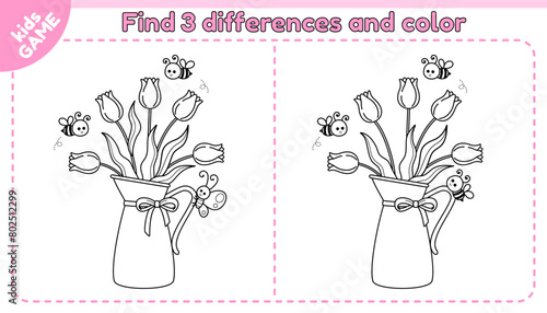 Kids game Find 3 differences. Cartoon jug with tulips. Cute bees fly around the vase. Funny butterfly sitting on a pitcher. Spot the differences. Puzzle for children. Outline vector illustration. photo