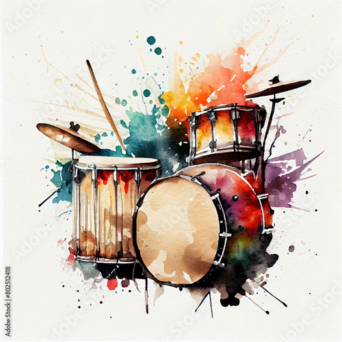Floral Ornamental Watercolor Illustration of Drums © mertingen