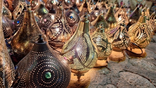 Close up of Traditional Arabic copper lamps  in the shop window for tourists