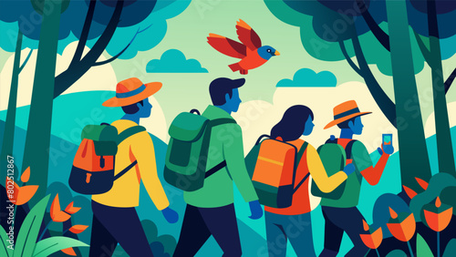 A team of birdwatchers trekking through a forest their backpacks filled with gear as they search for elusive reded finches and bluecrowned parakeets.. Vector illustration