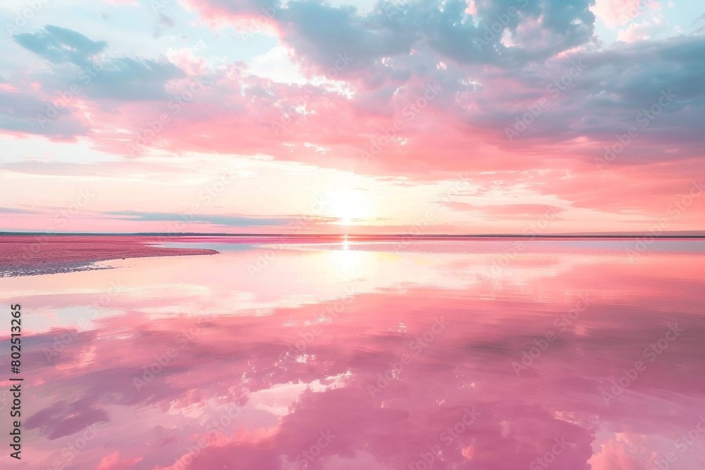 A pink sunset reflecting on the calm surface of a pink lake.