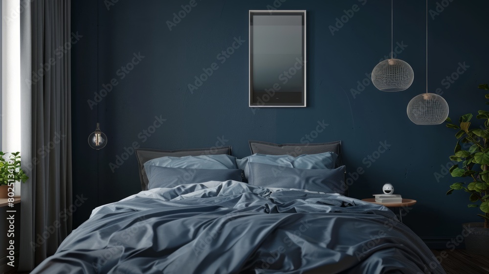 mockup frame, dark bed and dark blue wall in bedroom interior.