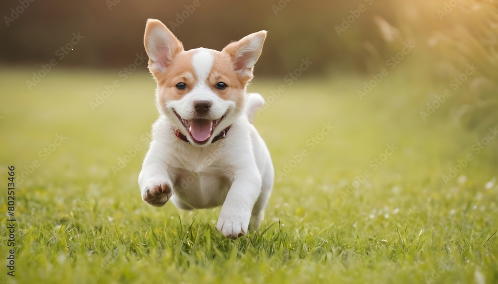 Happy smiling small breed dog in motion running on green grass in summer with space for text