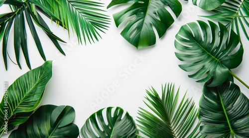 Frame of tropical green leaves on white background with copy space. photo