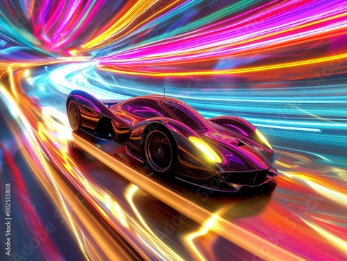 A futuristic sports car races through a tunnel of dynamic  multicolored lights conveying speed and motion.