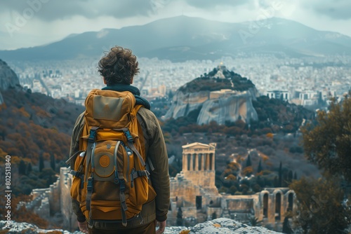 A solo traveler with a backpack overlooking the historic cityscape of Athens photo