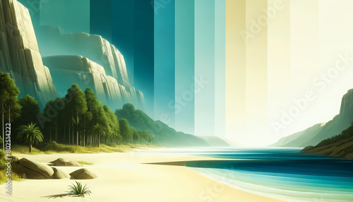 AI generated illustration of A serene landscape featuring a tranquil beach and towering cliffs photo