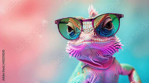 A funky lizard wearing sunglasses and looking at the camera on green and pink pastel background with copy space for text.