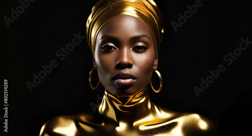Portrait of a beautiful black woman with golden headscarf and gold attire on black background