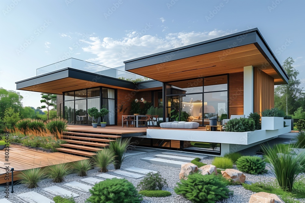 Modern luxury home with sleek design and open outdoor spaces, featuring a minimalist garden