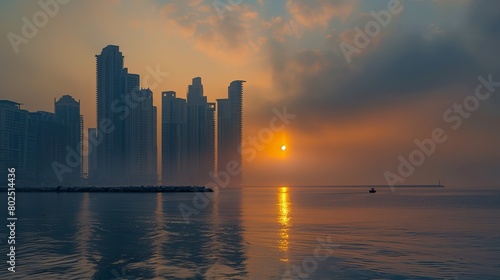 On the coast of the sea  through the skyscrapers  sunrise. Generative AI