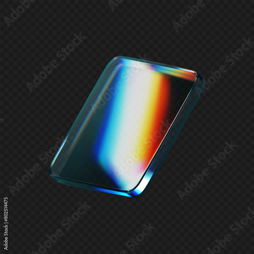 3d glass square shape with refraction and holographic effect isolated on black background. Render transparent crystal glass button with dispersion light, rainbow gradient. 3d vector illustration