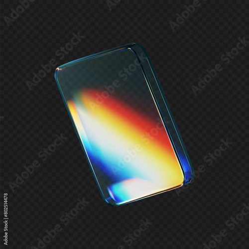 3d glass square shape with refraction and holographic effect isolated on black background. Render transparent crystal glass button with dispersion light, rainbow gradient. 3d vector illustration