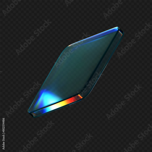3d glass square shape with refraction and holographic effect isolated on black background. Render transparent crystal glass button with dispersion light, rainbow gradient. 3d vector illustration