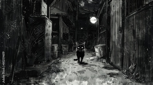 A pen and ink drawing of a stray cat prowling through a back alley illuminated by the glow of streetlights.. photo