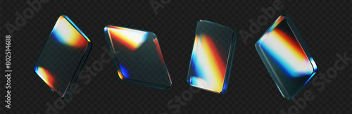 3d glass square shapes set with refraction and holographic effect isolated on black background. Render transparent crystal glass button with dispersion light, rainbow gradient. 3d vector illustration