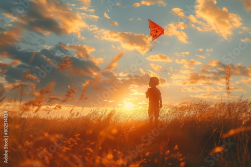 A boy happily flies a kite in a field under the orange sky at sunset