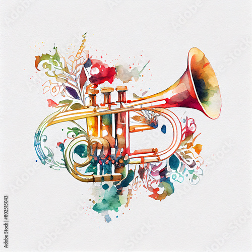 Floral Ornamental Watercolor Illustration of Trumpet