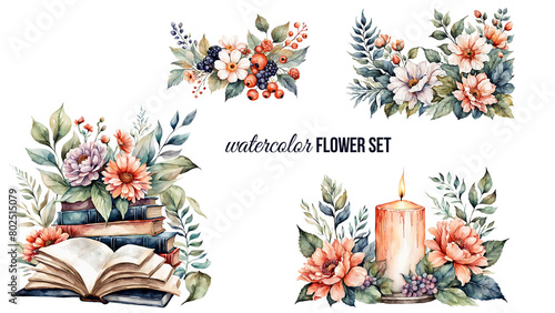 watercololor floral illustration set. separate flowers, book, candle, isolated white background for design