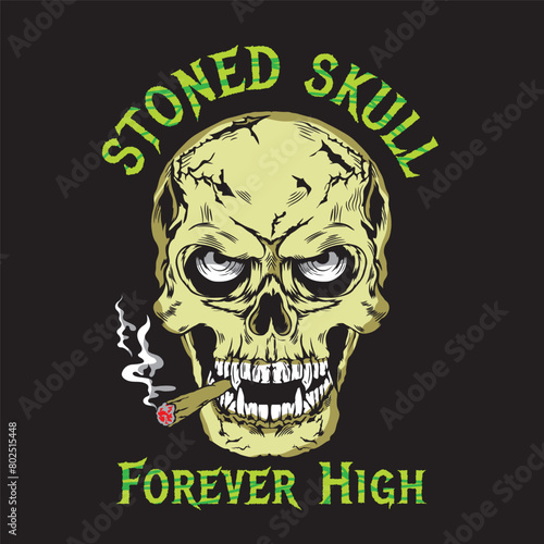 Stoned Skull face smoking joint vector illustration in hand drawn style