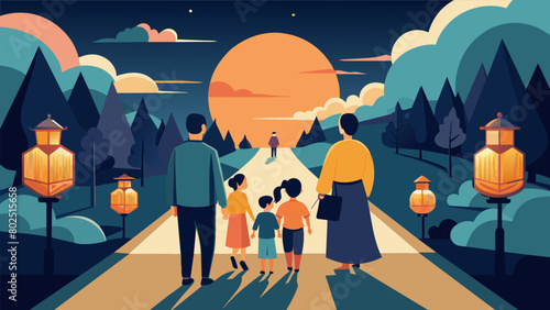 The sun shining down on a peaceful walking trail illuminated by lanterns as families come together to honor their forefathers.. Vector illustration
