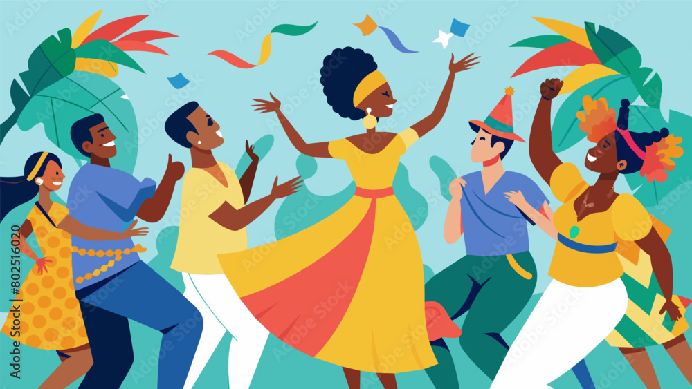The lively beat of Caribbean music fills the air as people of different ethnicities and backgrounds gather to dance and celebrate unity at a. Vector illustration The lively beat of Caribbean music fills the air as people of different ethnicities and backgrounds gather to dance and celebrate unity at a. Vector illustration