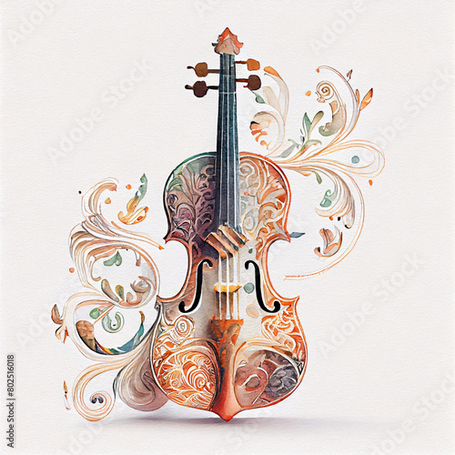 Floral Ornamental Watercolor Illustration of Violin © mertingen
