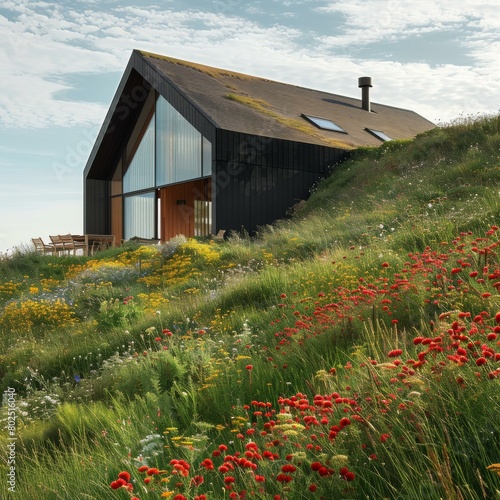 A modern house with a green roof and a field of red flowers in front of it. AI. photo
