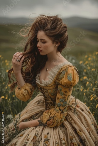 Beautiful young woman in medieval dress in a field of yellow flowers
