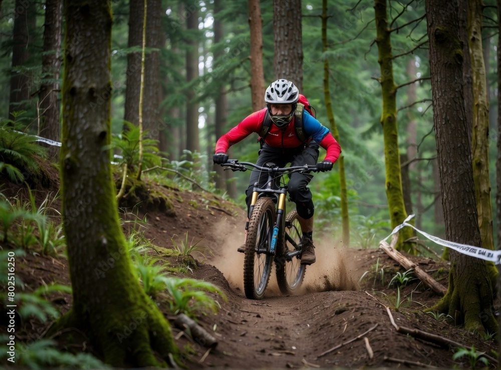 A mountain biker rides through a forest. AI.