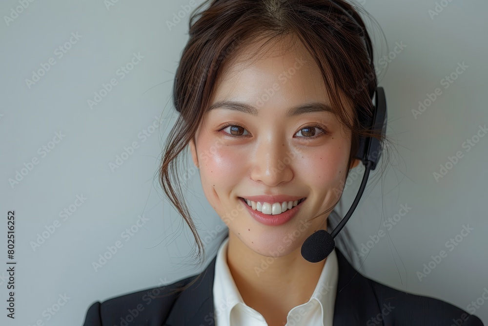 An Asian Customer Service Woman Wearing Headset in background with copy space An Asian Customer Service Woman Wearing Headset in background with copy space