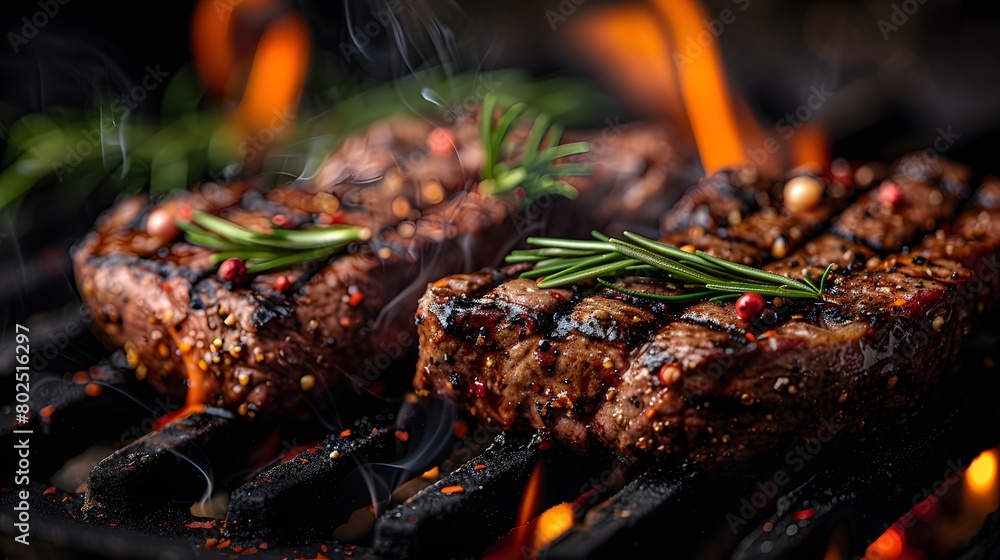 Thick, juicy steaks sizzling over an open flame on a grill Thick, juicy steaks sizzling over an open flame on a grill