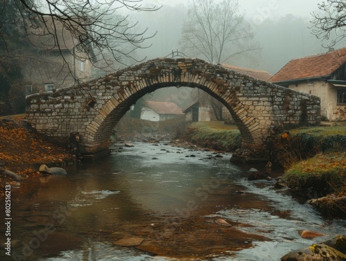 Stone bridge over a river in a rural setting. AI.