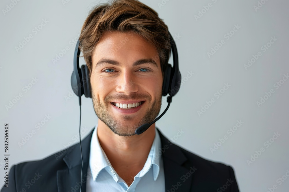Smiling Customer Support Representative Wearing Headset in Studio Background with copy space Smiling Customer Support Representative Wearing Headset in Studio Background with copy space