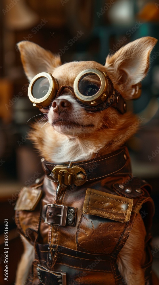 A steampunk chihuahua dressed in a leather vest and goggles. AI.