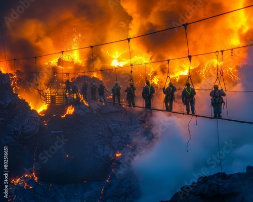 A group of scientists walk across a rope bridge over an active volcano. AI.