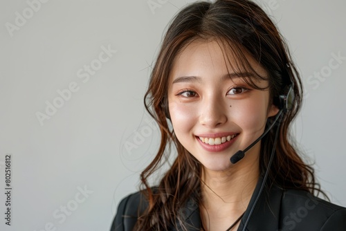 An Asian Customer Service Woman Wearing Headset in background with copy space