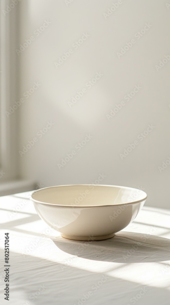 An empty ceramic bowl sits on a white tablecloth in front of a white background. AI. An empty ceramic bowl sits on a white tablecloth in front of a white background. AI.