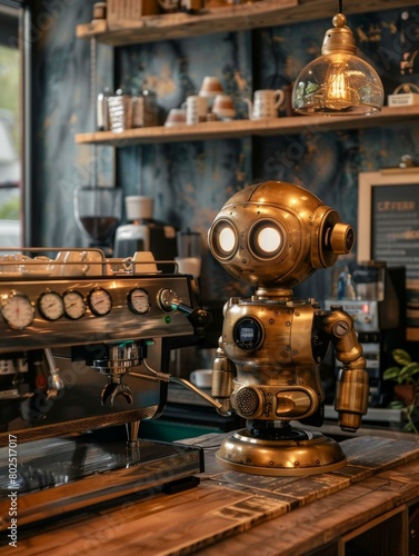 A steampunk robot barista stands next to an espresso machine, ready to make coffee. AI. © serg3d