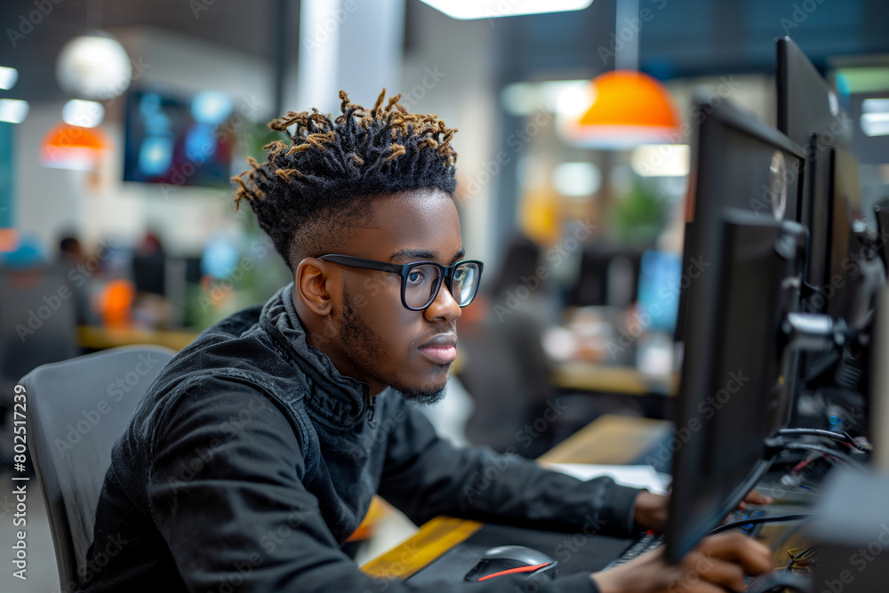 Young black male computer programmer writing code at his desk in his office at a technology company Young black male computer programmer writing code at his desk in his office at a technology company