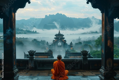 A Buddhist monk sits in meditation in front of a beautiful mountain landscape. AI. photo