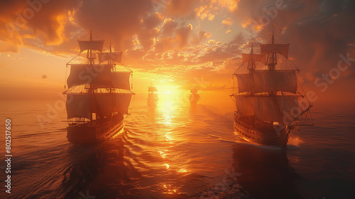 Fleet of Pirate Ships at Sunset