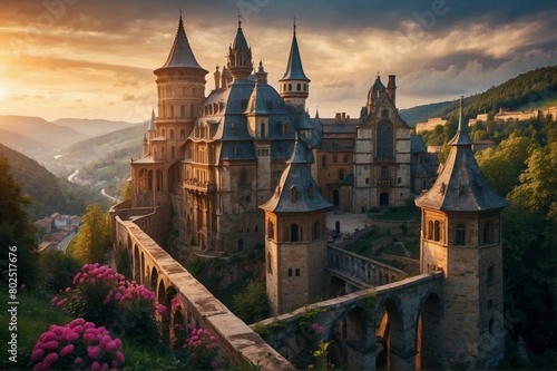 Majestic castle with a beautiful landscape. AI. photo
