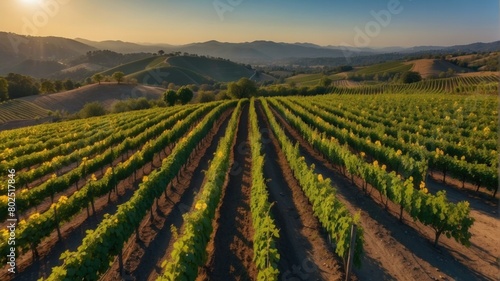 Rows of grape vines stretch to the horizon, with mountains in the distance. AI. © serg3d