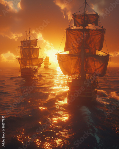Fleet of Pirate Ships at Sunset